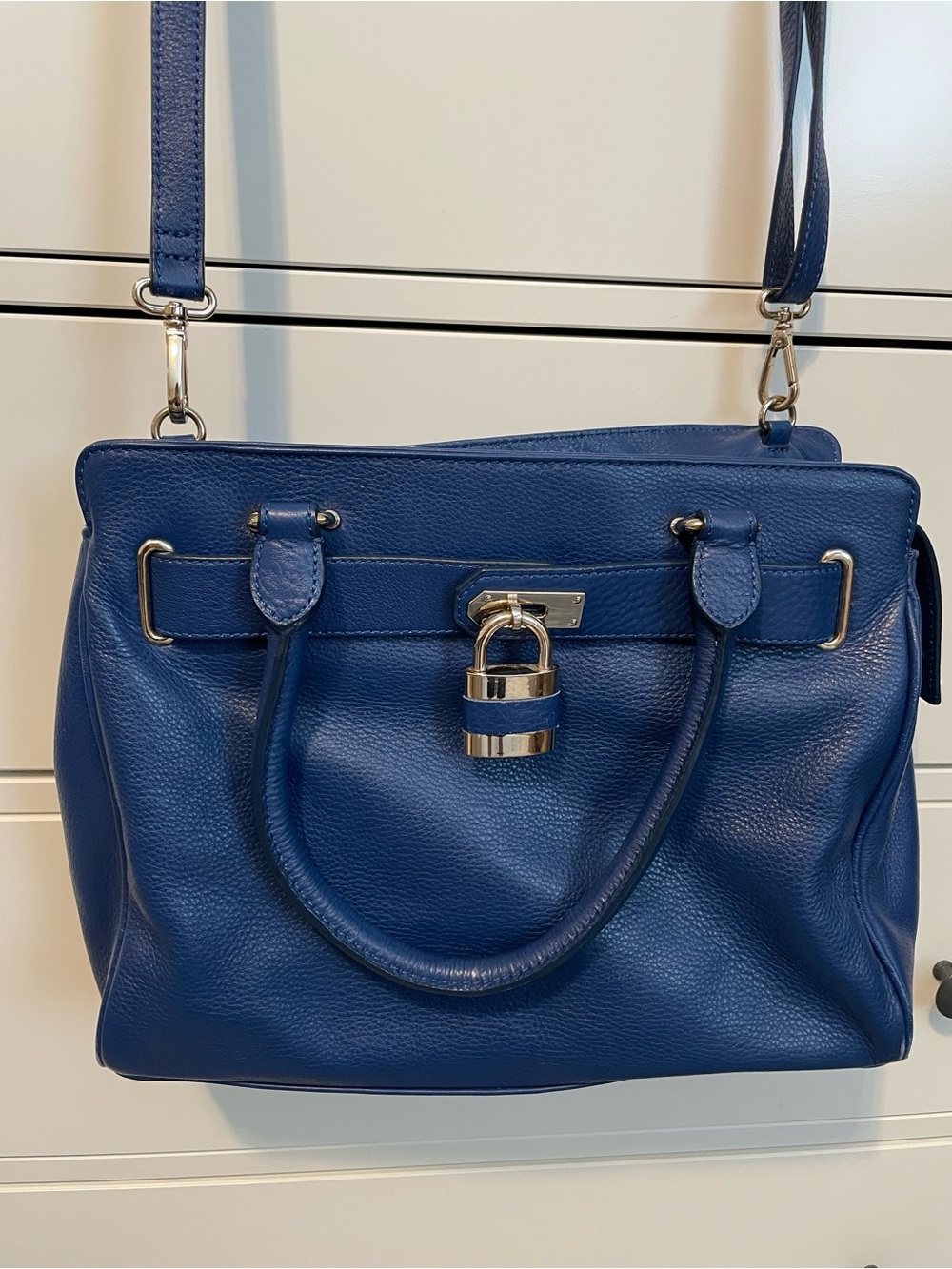 Danier Blue Leather Satchel with Padlock Accent